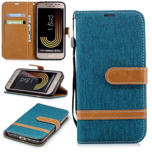 Galaxy J2 Pro (2018) Coque, Saturcase Premium Jeans Style Denim Et Pu Cuir Magnétique Flip Portefeuille Support Porte-Carte Protecteur Case Cover Coque Housse Étui Avec Dragonne Pour Samsung Galaxy J2 Pro (2018) (Vert)