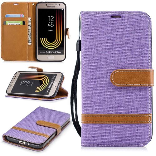 Galaxy J2 Pro (2018) Coque, Saturcase Premium Jeans Style Denim Et Pu Cuir Magnétique Flip Portefeuille Support Porte-Carte Protecteur Case Cover Coque Housse Étui Avec Dragonne Pour Samsung Galaxy J2 Pro (2018) (Violet)