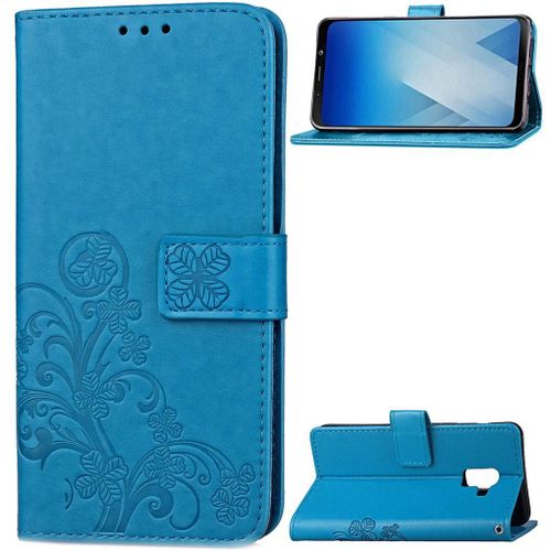 Samsung Galaxy A8 (2018) Coque, Saturcase Lucky Clover Pu Cuir Magnétique Flip Portefeuille Support Porte-Carte Protecteur Cover Case Avec Dragonne Coque Housse Étui Pour Samsung Galaxy A8 (2018) (Bleu)