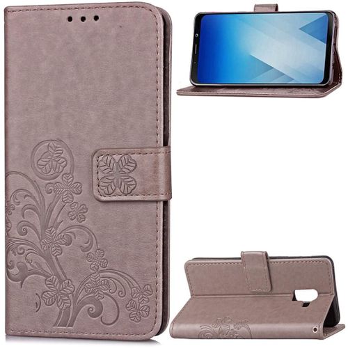 Samsung Galaxy A8 (2018) Coque, Saturcase Lucky Clover Pu Cuir Magnétique Flip Portefeuille Support Porte-Carte Protecteur Cover Case Avec Dragonne Coque Housse Étui Pour Samsung Galaxy A8 (2018) (Gris)
