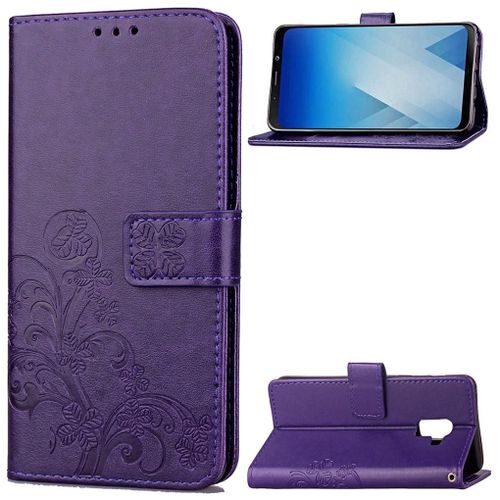 Samsung Galaxy A8 (2018) Coque, Saturcase Lucky Clover Pu Cuir Magnétique Flip Portefeuille Support Porte-Carte Protecteur Cover Case Avec Dragonne Coque Housse Étui Pour Samsung Galaxy A8 (2018) (Violet)