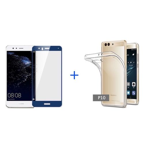 Film De Protection Intégrale En Verre Trempé Bleu Huawei P10 + Coque Silicone Transparente