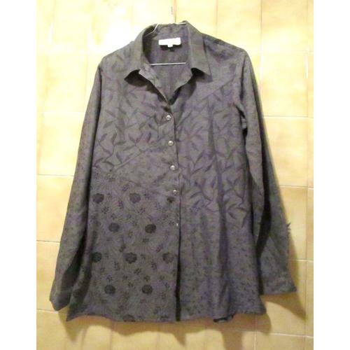 Chemisier Ou Chemise Gris Anthracite, Motifs Fleurs Ton Sur Ton, Très Beau Tissu, René Derhy, Taille M Ou 40 Large