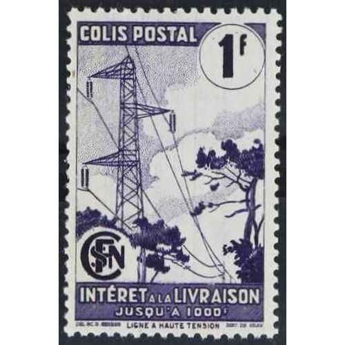France 1944, Très Beau Timbre Pour Colis Postal, Intérêt À La Livraison, Yvert 220a, Motif Lignes À Haute Tension 1f. Violet, Neuf** Luxe