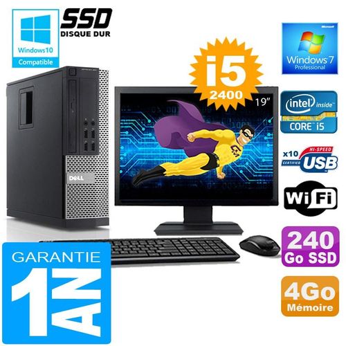 PC DELL 990 SFF Core I5-2400 Ram 4Go Disque 240 Go SSD Wifi W7 Ecran 19"