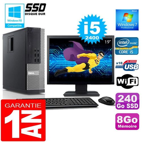 PC DELL 990 SFF Core I5-2400 Ram 8Go Disque 240 Go SSD Wifi W7 Ecran 19"
