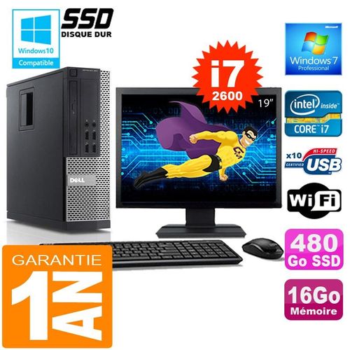 PC DELL 990 SFF Core I7-2600 Ram 16Go Disque 480 Go SSD Wifi W7 Ecran 19"