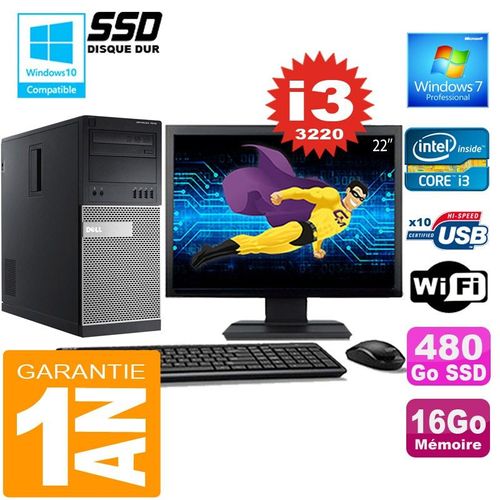 PC Tour DELL 7010 Core I3-3220 Ram 16Go Disque 480 Go SSD Wifi W7 Ecran 22