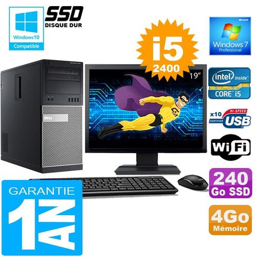 PC Tour DELL 7010 Core I5-2400 Ram 4Go Disque 240 Go SSD Wifi W7 Ecran 19"