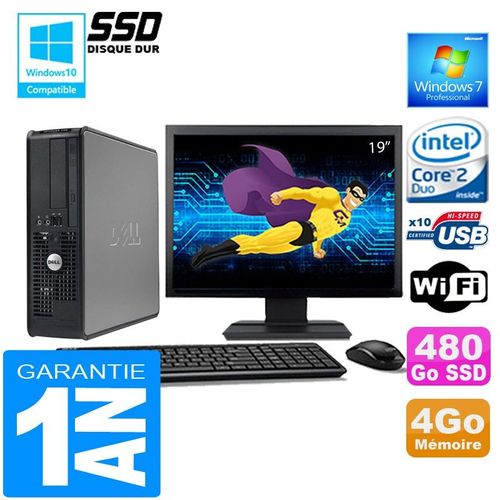 PC DELL 755 SFF Intel E6750 Ram 4Go Disque 480 Go SSD Wifi W7 Ecran 19