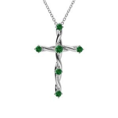 Collier Argent Rhodié Pendentif Croix Oxydes Verts 41+3cm