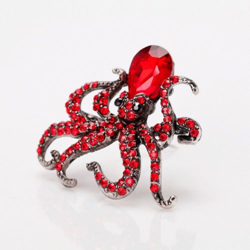 Broche Poulpe Kraken Pieuvre Strass Rouge Pin Up Rock Roll