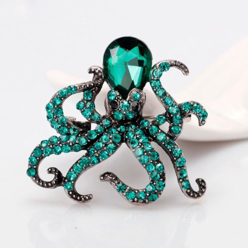 Broche Poulpe Kraken Pieuvre Strass Vert Turquoise Pin Up Rock Roll