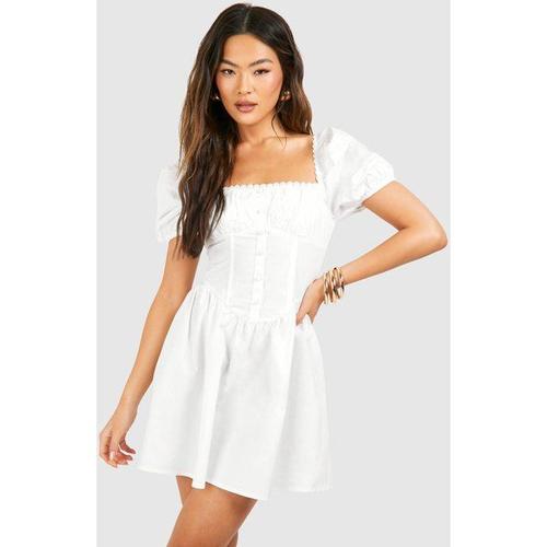 Puff Sleeve Cotton Rouched Milkmaid Mini Dress - Blanc - 10