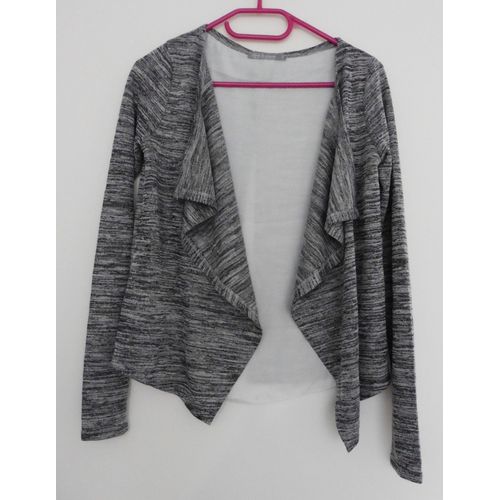 Gilet Ouvert Asymétrique Gris Chiné Et Voile Blanc. Ligne À Suivre. Polyester.Viscose. Taille 36