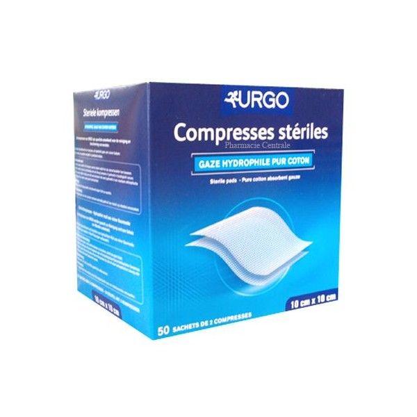 Urgo Compresses Stériles Gaze Hydrophile Pur Coton 10cm x 10cm - 50 sachets  de 2 compresses