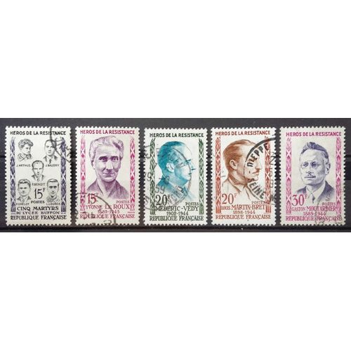 Série Résistants 1959 - Lycée Buffon 1198 + Yvonne Le Roux 1199 + Védy 1200 + Louis-Martin Bret 1201 + Moutardier 1202 Obl - France Année 1959 - N20917