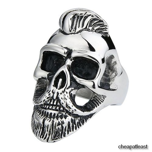 Imposante Bague Hipster Tête De Mort 3d Crane À Barbe Et Moustache - Acier Chromé Vieilli - Skull Knuckle Chevalière Anneau Poing Américain