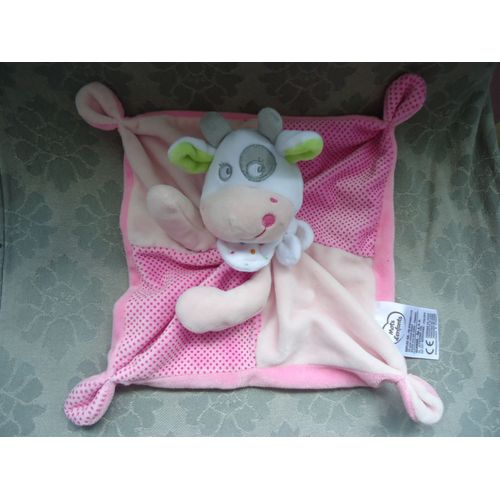 Vache Doudou Plat En Peluche Carrée Rose 20 Cm Mots D'enfants