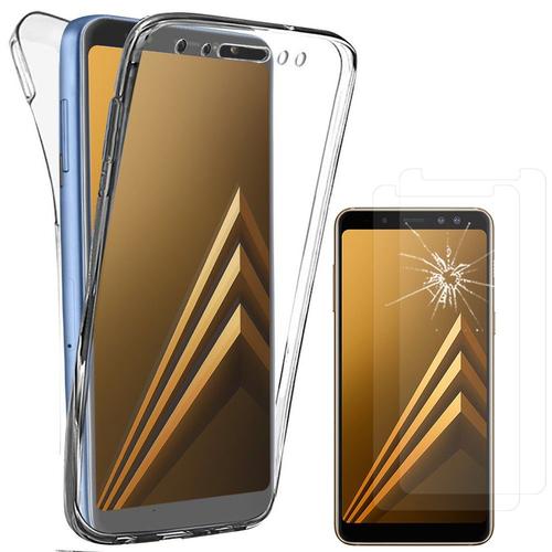Coque Avant Et Arrière Silicone Pour Samsung Galaxy A8 (2018) A530f 5.6" 360° Protection Intégrale - Transparent + 2 Films Verre Trempé