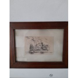 Cadre Bois Avec Jolie Reproduction Tableau A L Encre De Chine "Chateau D Aarau" Suisse