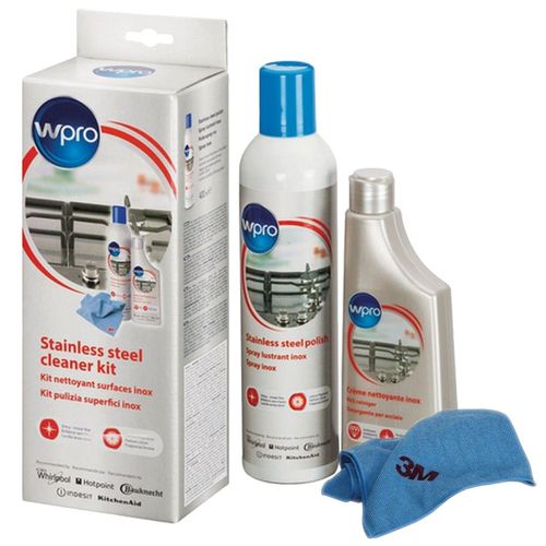 Kit nettoyant inox comprenant: une crème inox 250 ml + un polish inox 400 ml et un tissu microfibre 3M Accessoires et entretien (484000008498 WPRO)