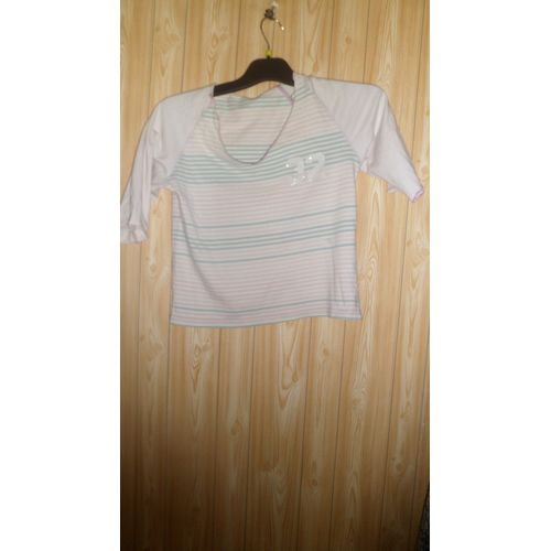 Tee-Shirt La Redoute (Étiquette Manquante). T. 36. Rayé Rose Et Ver. Col V. Sigle Chiffre 32.