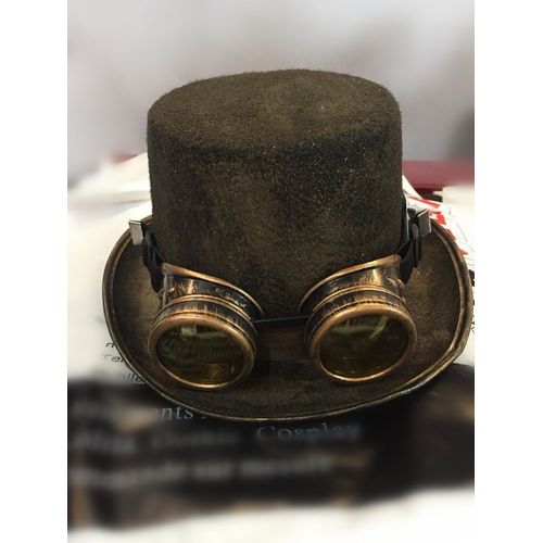 Colis Départ De Paris Mixte Hauteur 12 Cm Chapeau + Goggles Lunettes Casquette Bonnet Magicien Haut De Forme Steampunk Rétro Marron Vintage