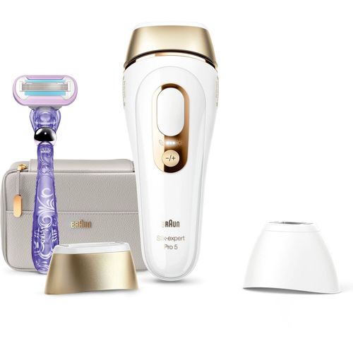 Braun Silk·Expert Pro 5 Pl5358 Épilateur À Lumière Pulsée, Épilation Semi-Définitive Des Poils, Avec Pochette, Rasoir Venus, 4 Têtes - Or/Blanc