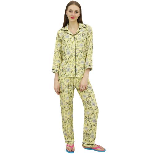 Bimba Chemise Jaune Boutonnee Pyjama Pantalon 2 Pieces Floral Print Night Wear Set-36