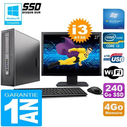 PC HP EliteDesk 800 G1 SFF Core I3-4130 4Go Disque 240 Go SSD Wifi W7 Ecran 27"