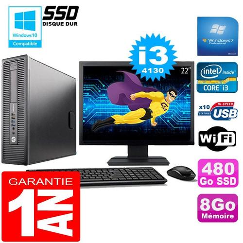 PC HP EliteDesk 800 G1 SFF Core I3-4130 8Go Disque 480 Go SSD Wifi W7 Ecran 22"