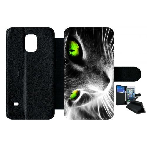 Etui À Rabat Galaxy S5 - Chat Noir Et Blanc Yeux Vert - Simili-Cuir - Noir
