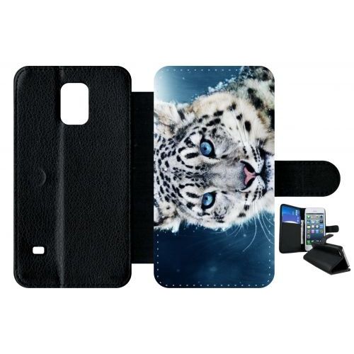 Etui À Rabat Galaxy S5 - Tigre Blanc Yeux Bleus - Simili-Cuir - Noir