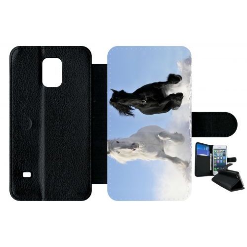 Etui À Rabat Galaxy S5 - Chevaux Blanc Et Noir Dans La Neige - Simili-Cuir - Noir