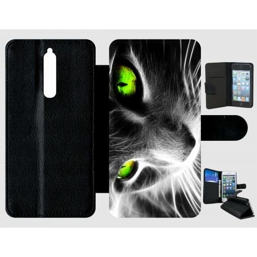 Etui À Rabat Nokia 8 - Chat Noir Et Blanc Yeux Vert - Simili-Cuir - Noir