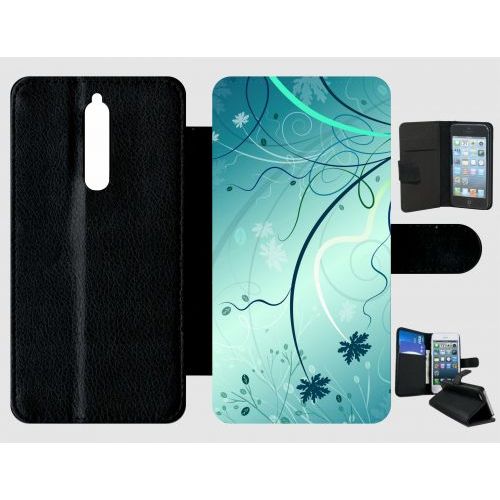 Etui À Rabat Nokia 8 - Abstrait Turquoise Fleur - Simili-Cuir - Noir