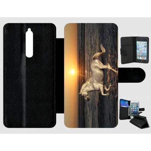 Etui À Rabat Nokia 8 - Cheval Blanc Couché De Soleil Sur La Plage - Simili-Cuir - Noir