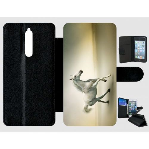 Etui À Rabat Nokia 8 - Cheval Blanc En Course - Simili-Cuir - Noir