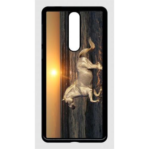 Coque Nokia 8 Sirocco - Cheval Blanc Couché De Soleil Sur La Plage - Noir