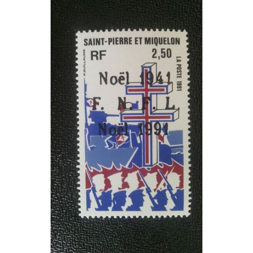 Timbre Saint Pierre Et Miquelon (France) Yt 554 Croix De Lorraine, Navires De Guerre, Marins Défilant 1991