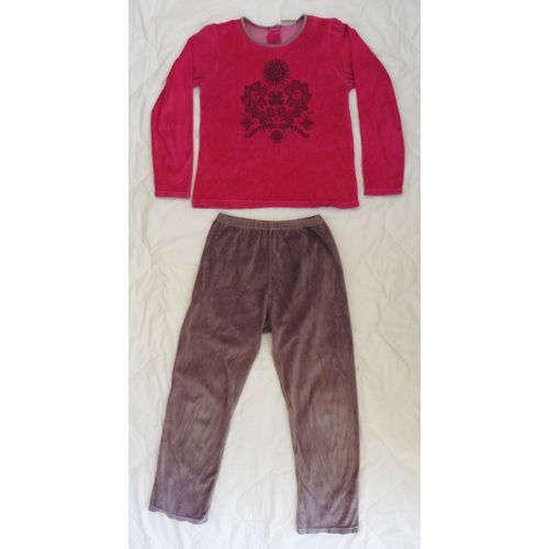 Pyjama Velours Rose Et Gris Taupe. Imprimé Fleurs. Du Pareil Au Même. Taille 12 Ans