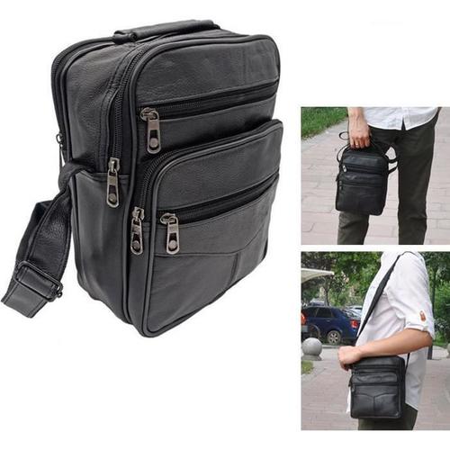 Sac messager à une épaule en cuir pour homme, noir, 6 poches