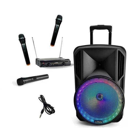 Enceinte Mobile Karaoke Autonome USB Bluetooth Tuner PARTY-12LED 700W - Chariot - 3 Micros sans fil - Discours - Animation - Ecole