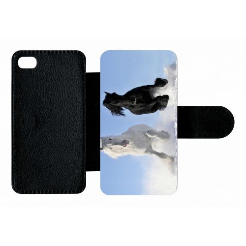 Etui À Rabat Iphone 4s - Chevaux Blanc Et Noir Dans La Neige - Simili-Cuir - Noir