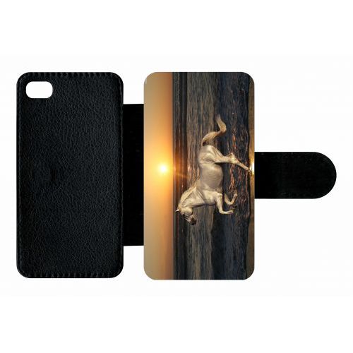 Etui À Rabat Iphone 4s - Cheval Blanc Couché De Soleil Sur La Plage - Simili-Cuir - Noir