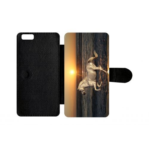Etui À Rabat Iphone 6+ - Cheval Blanc Couché De Soleil Sur La Plage - Simili-Cuir - Noir