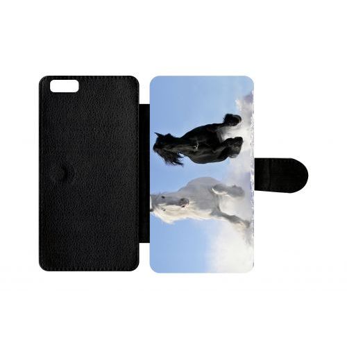 Etui À Rabat Iphone 6s+ - Chevaux Blanc Et Noir Dans La Neige - Simili-Cuir - Noir