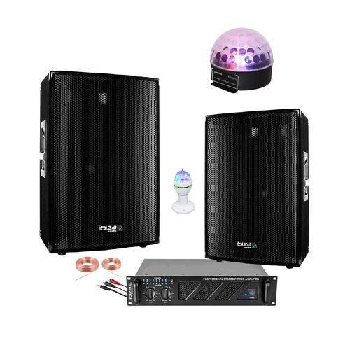 Pack Sono Ibiza Sound 4400W avec Ampli 2x1500W - 2 Enceintes Disco15B 700W - 2 Jeux de Lumières - Animation Soirée Mariage Dj Pro