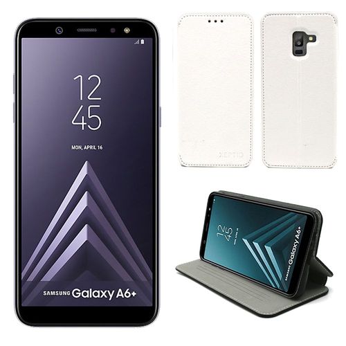 Samsung Galaxy A6 Plus 2018 : Etui Luxe Blanc Ultra Slim Cuir Style Avec Stand - Housse Coque De Protection Smartphone Galaxy A6+ 4g - Accessoires Pochette Case